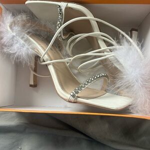 Public Desire White Heels with Rhinestone and Feather Details